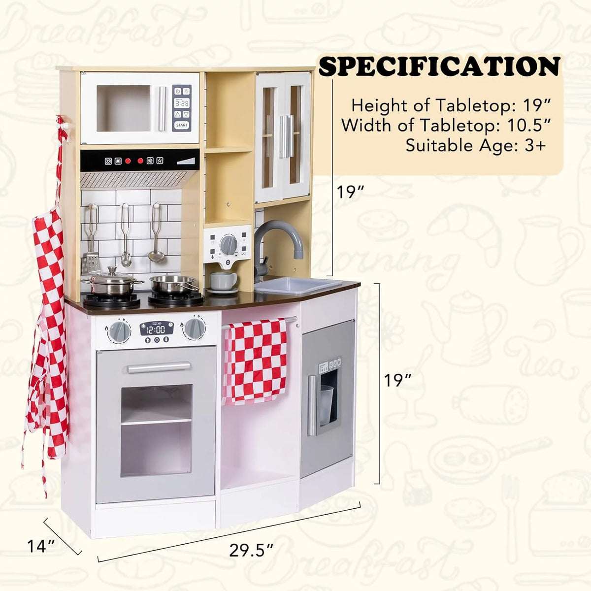 Wooden Play Kitchen with Sink Microwave Oven and Sound U9329