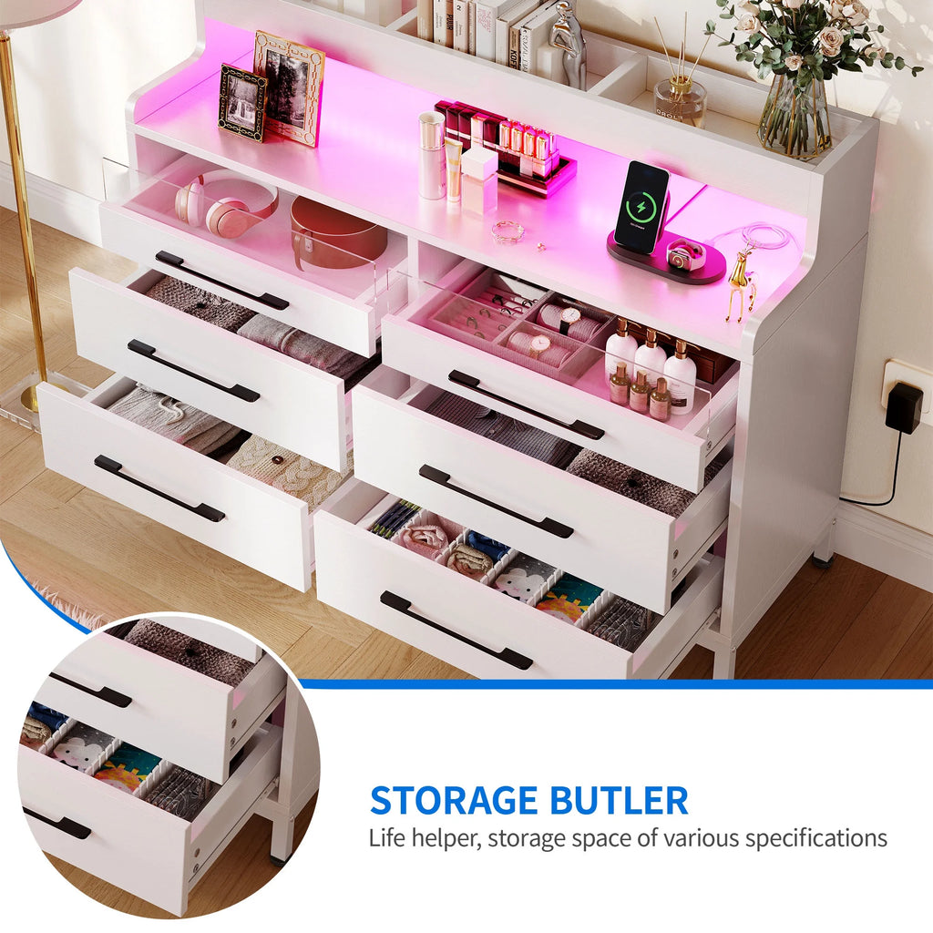 Black 6 Drawer Dresser with LED Light and Open Storage Q10272