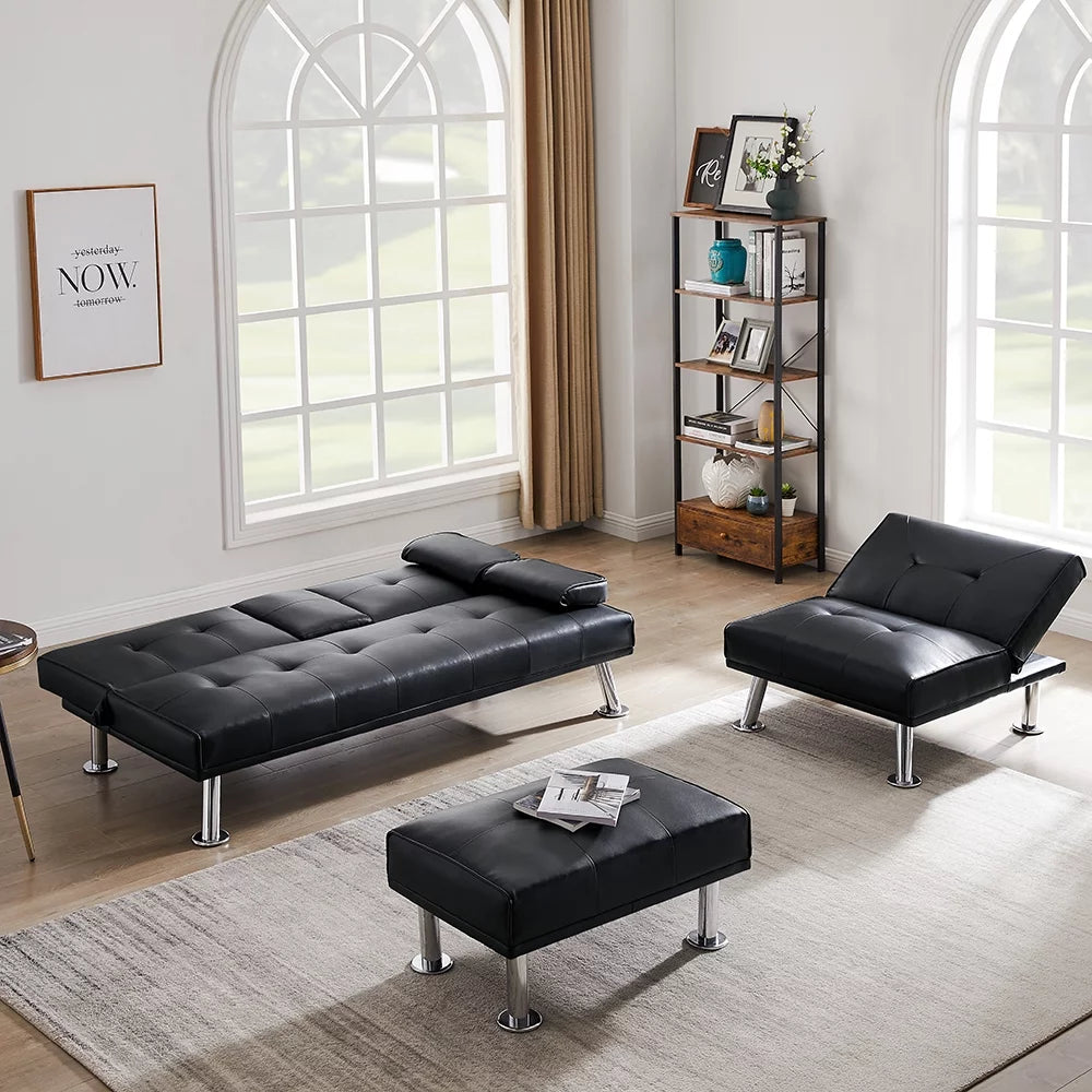 Faux Leather Convertible Futon Sofa Bed with Cup Holders L14993