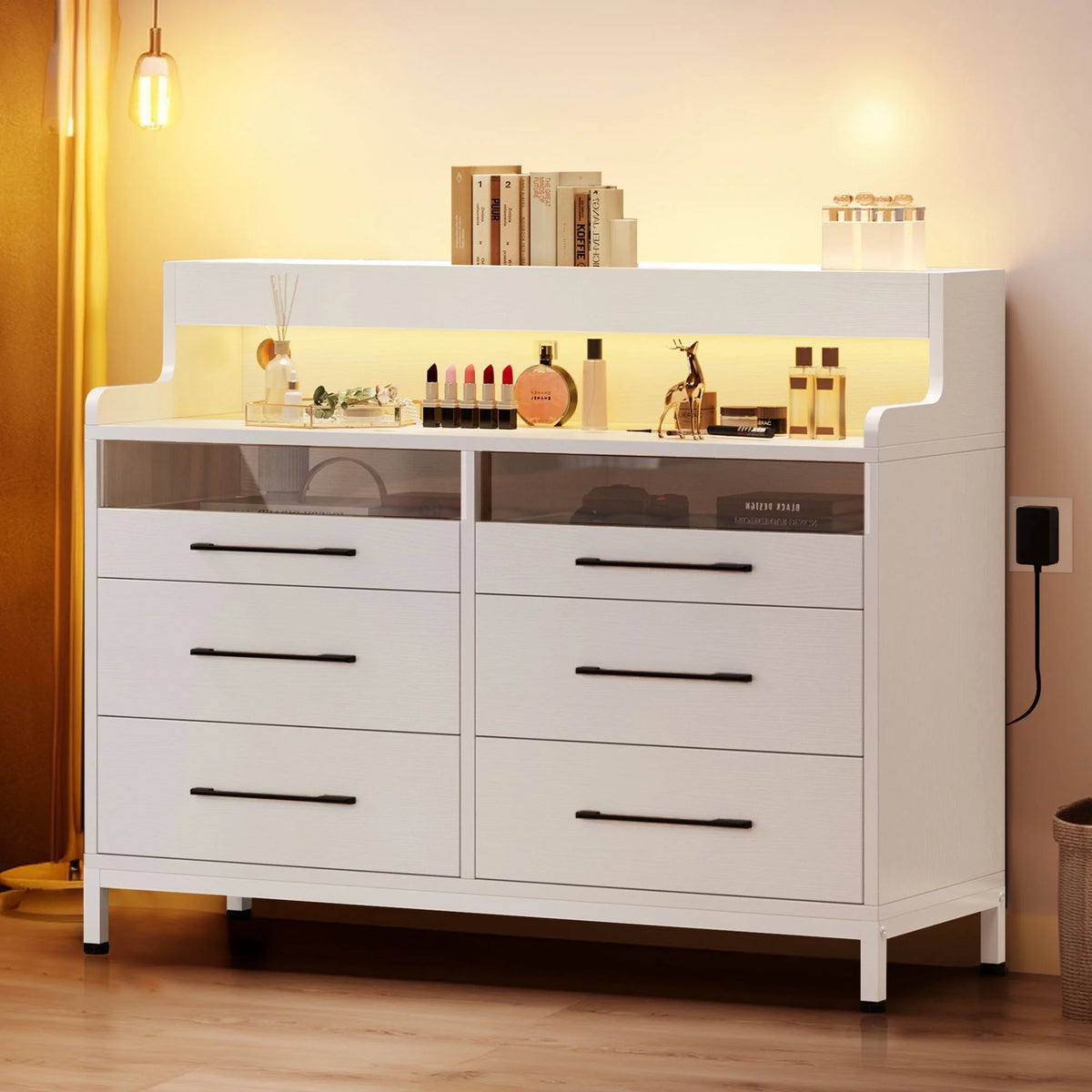 Black 6 Drawer Dresser with LED Light and Open Storage Q10272