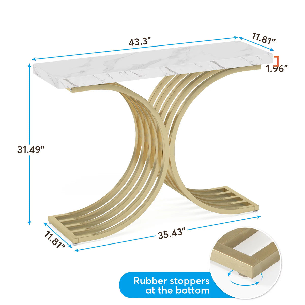 Gold and White Narrow Console Table with Faux Marble Top P3536