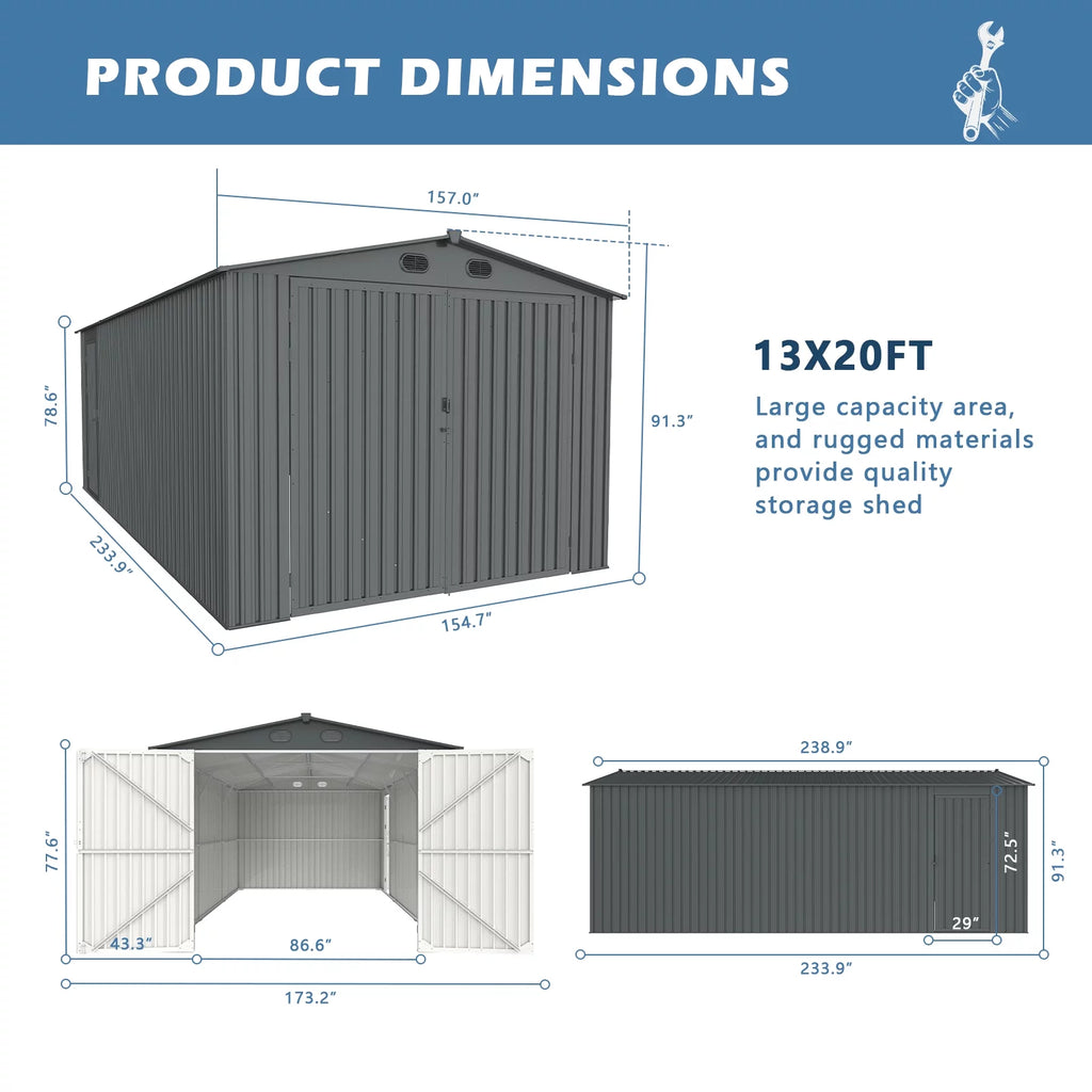 20x13 ft Metal Garage Shed with 2 Doors and 4 Vents J9094