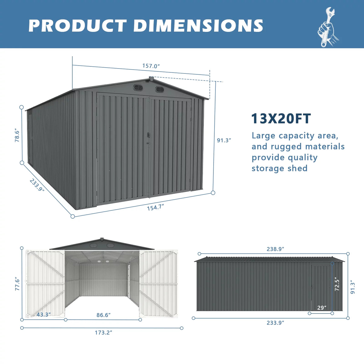 20x13 ft Metal Garage Shed with 2 Doors and 4 Vents J9094