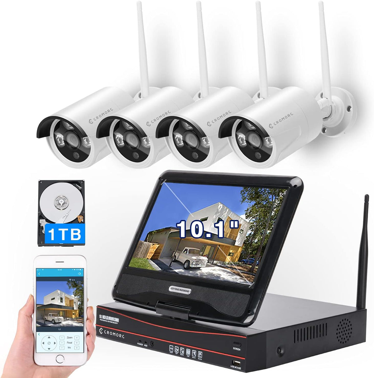 10.1 Monitor Wireless Security Camera System 1080P NVR 4pcs 3MP Camera 1TB HDD Z2315