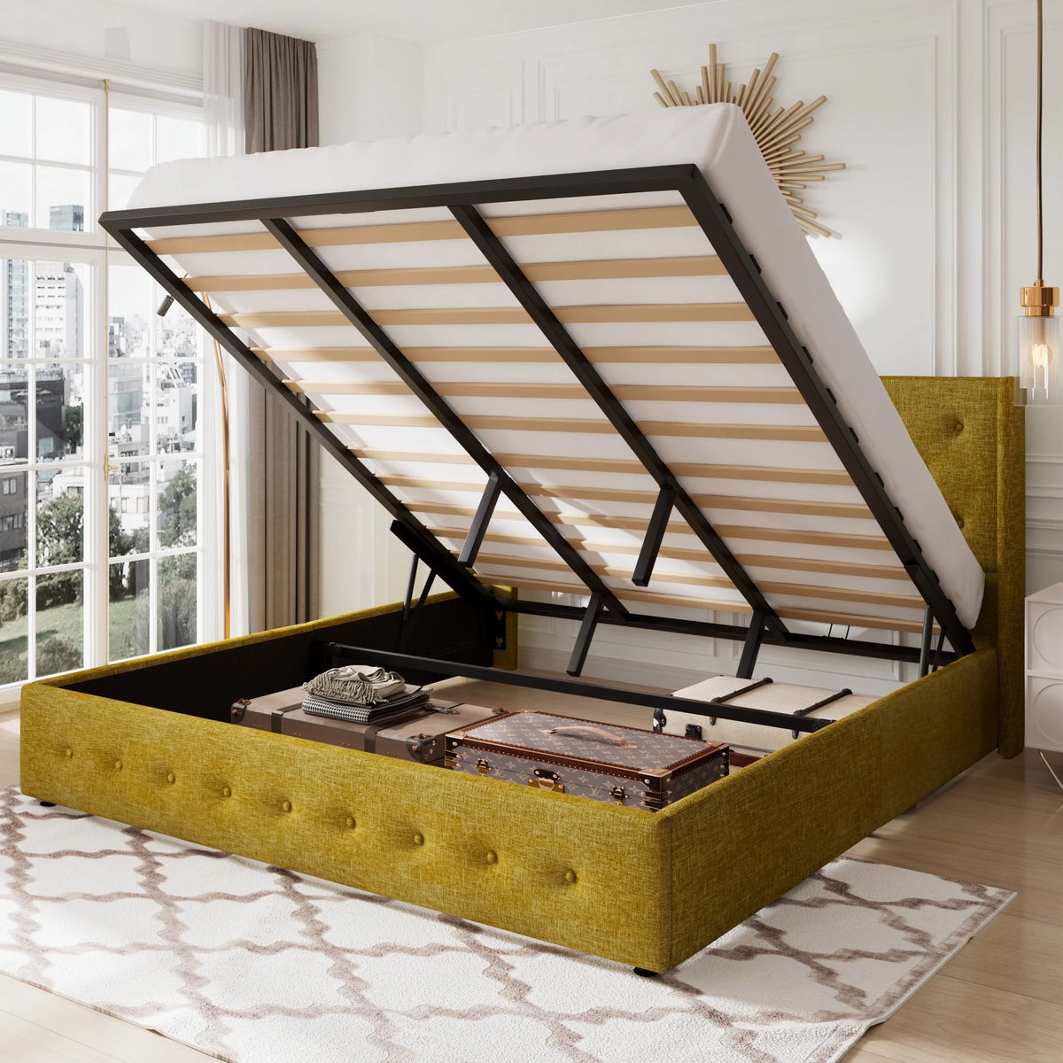 Queen Size Lift Up Storage Bed Frame with Wingback Headboard F4989