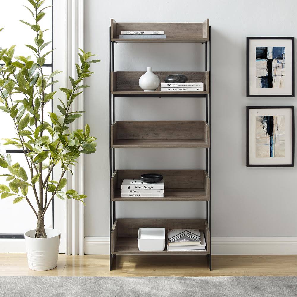 Gray Wash Wood and Metal 5-Shelf Bookcase L11232