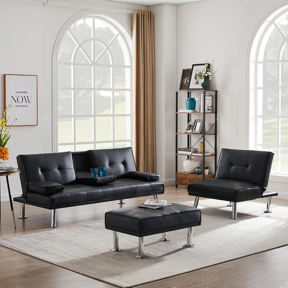 Faux Leather Convertible Futon Sofa Bed with Cup Holders L14993