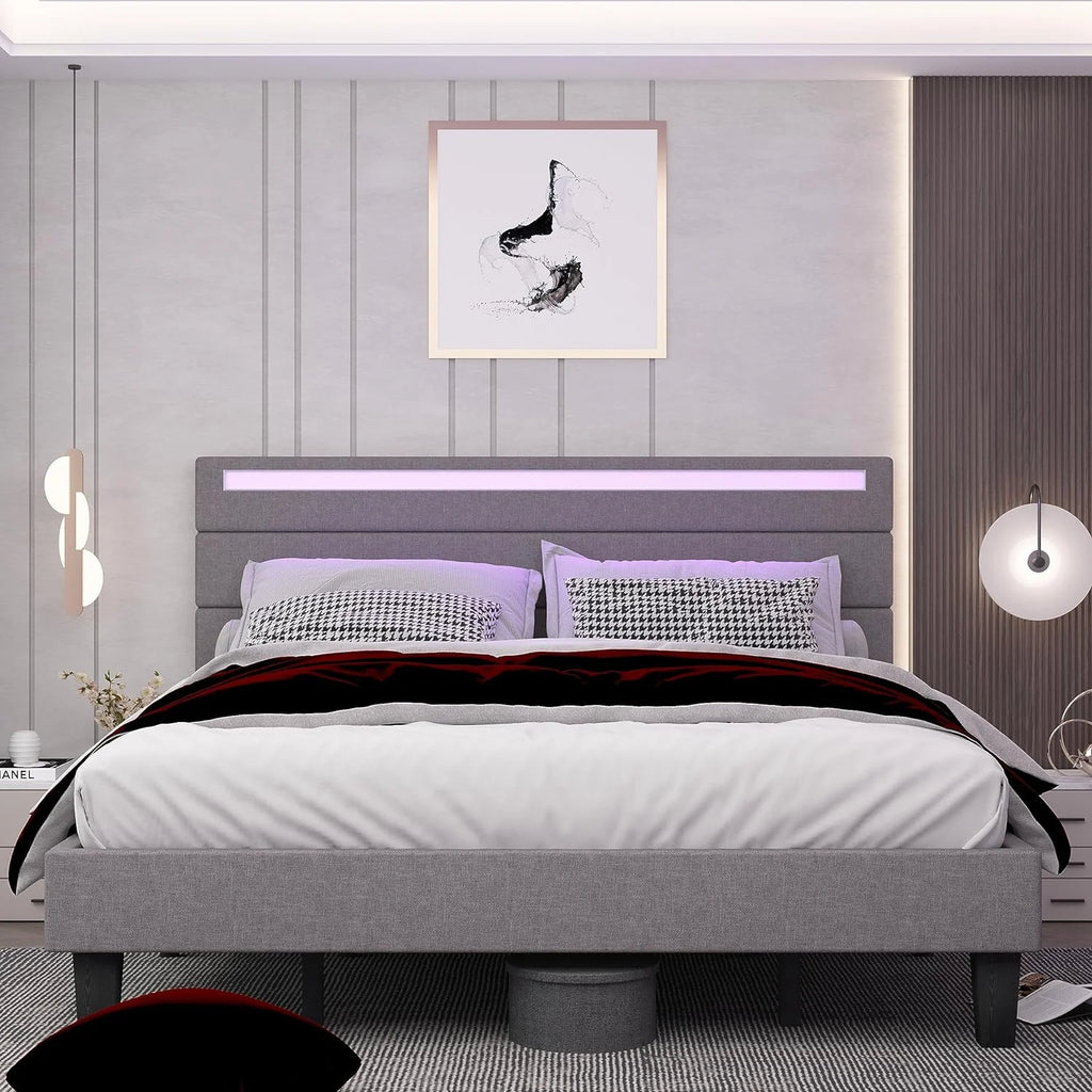 Queen Size Beige Upholstered Platform Bed Frame with Headboard H10363