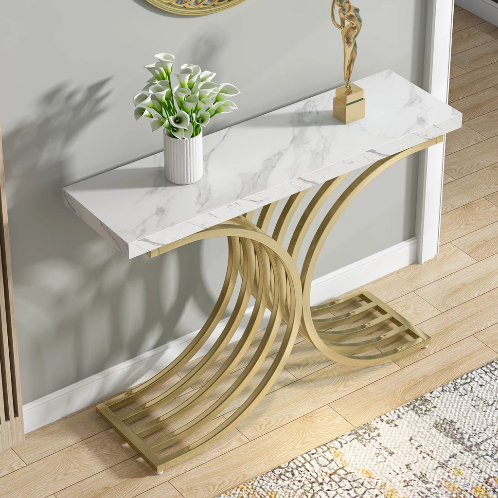 Gold and White Narrow Console Table with Faux Marble Top P3536
