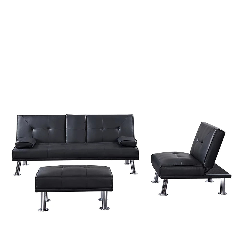 Faux Leather Convertible Futon Sofa Bed with Cup Holders L14993