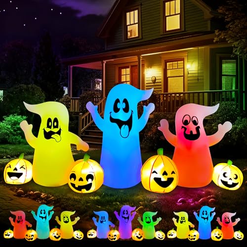 8 Ft Halloween Inflatable Three Ghosts with Pumpkin LED Light Up X46746