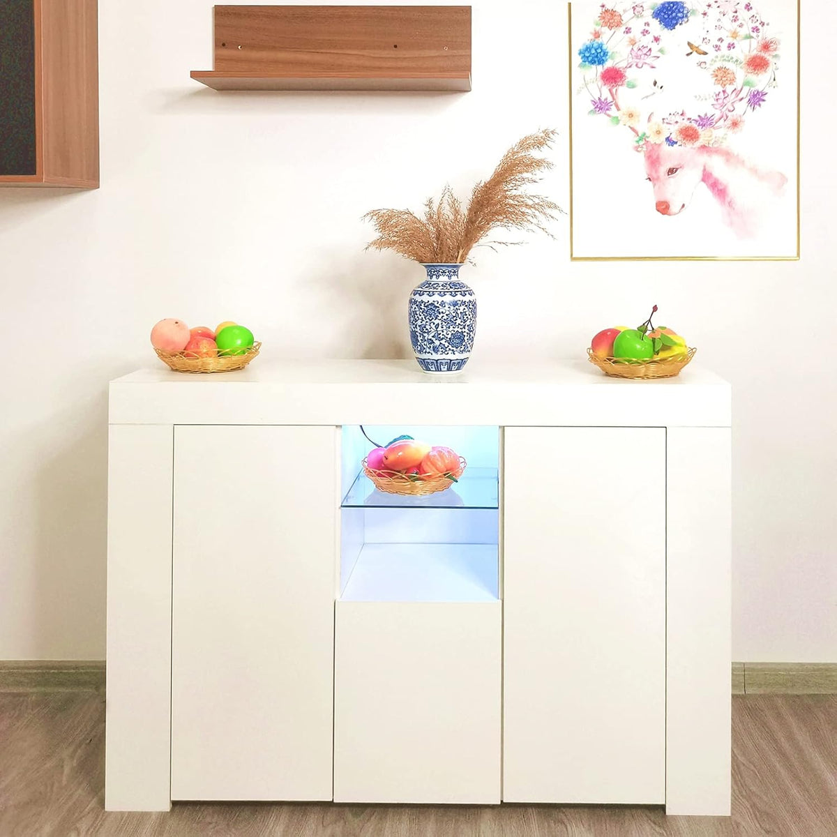 White Wall-Mounted TV Stand with LED Lights and 2 Storage Drawers G85136