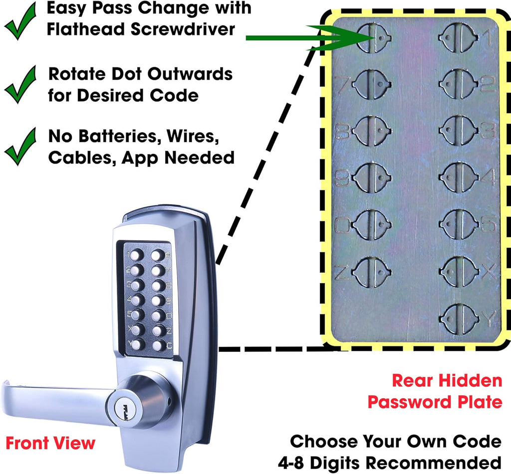 Mechanical Push Button Lever Lock, 60mm Backset, 13 Digit Keypad, Satin Chrome U280513