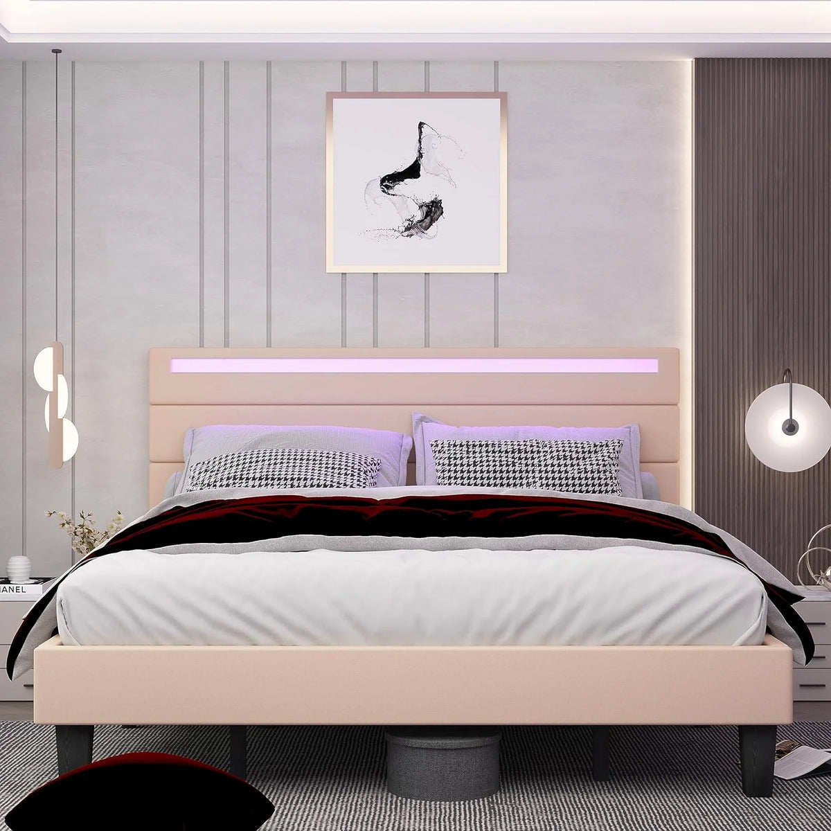 Queen Size Beige Upholstered Platform Bed Frame with Headboard H10363