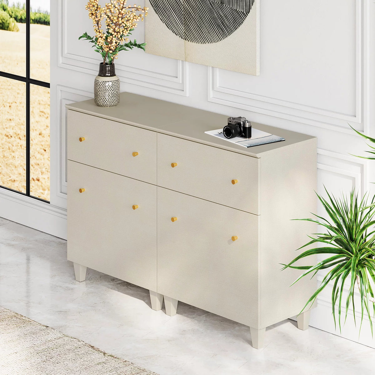 Beige Storage Cabinet with Drawer and Door W9158