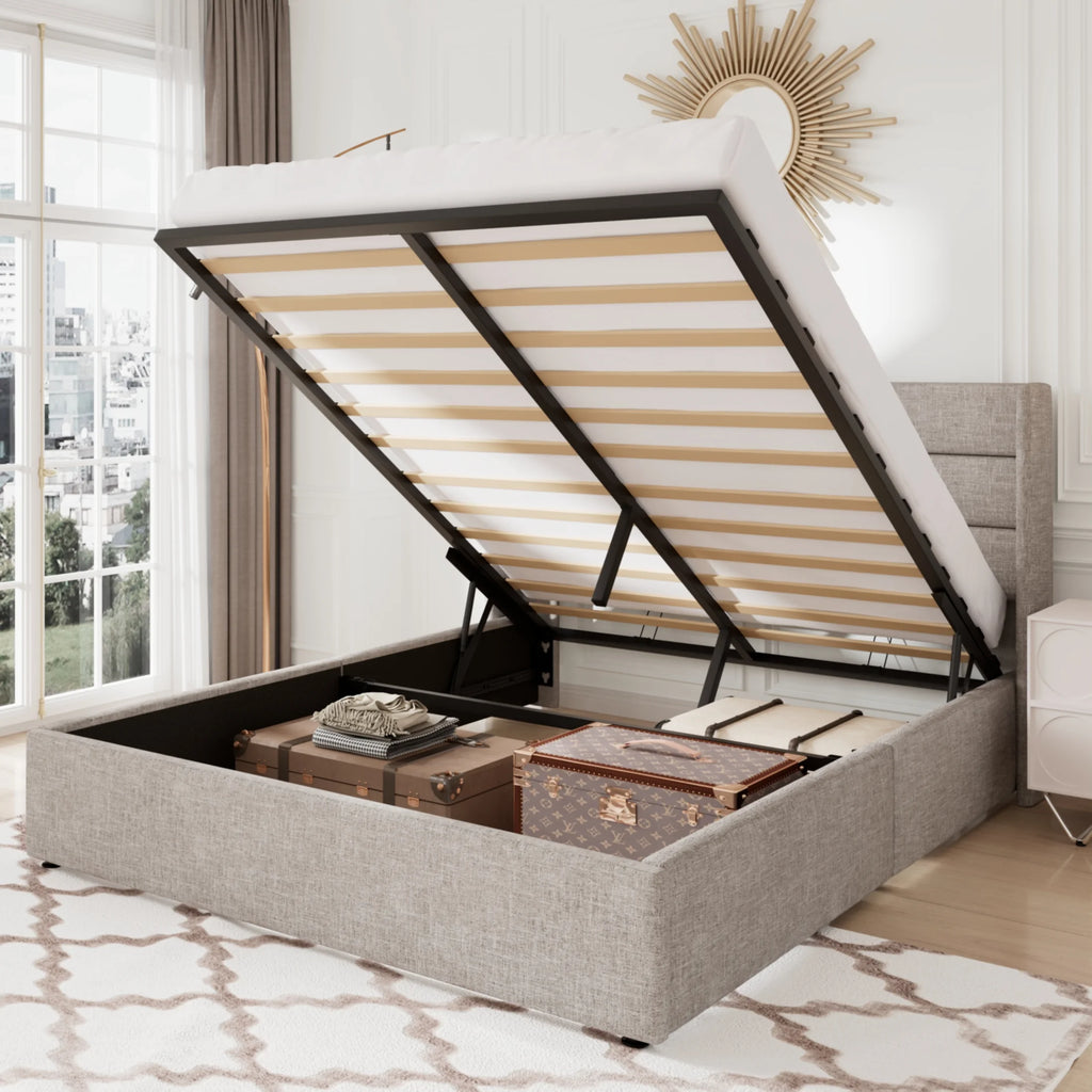 Queen Size Lift Up Storage Bed Frame with Wingback Headboard F4989