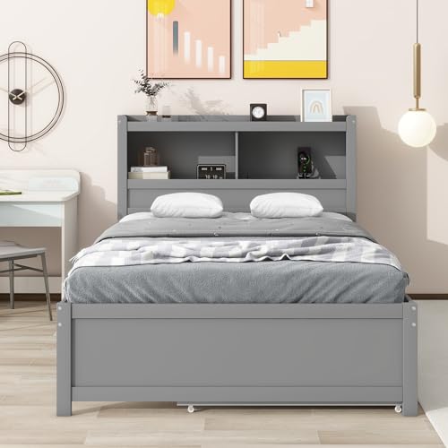 White Full Size Wood Storage Bed with Bookcase Headboard and Trundle Z1507