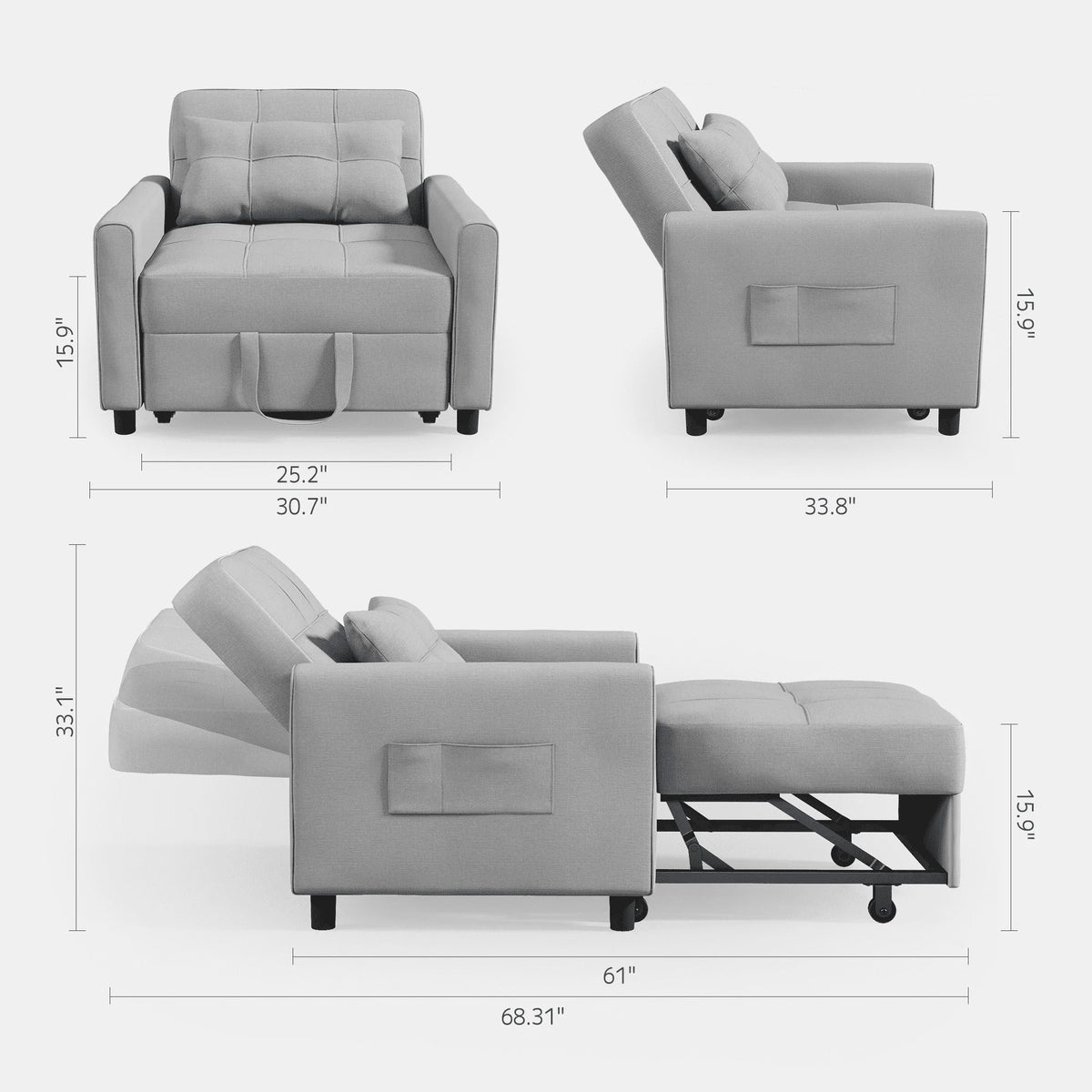 Light Gray 3 in 1 Convertible Sleeper Sofa K840125