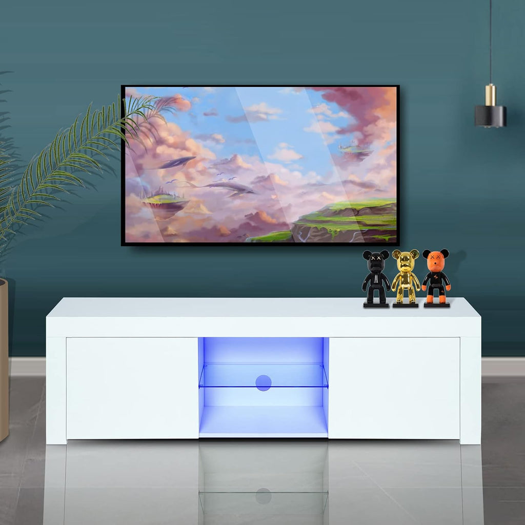 White Wall-Mounted TV Stand with LED Lights and 2 Storage Drawers G85136