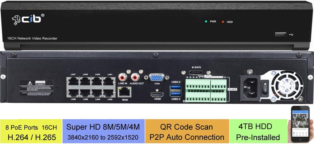 16CH NVR 8MP 4K H.265 with 4TB HDD and 8 Cameras T540635