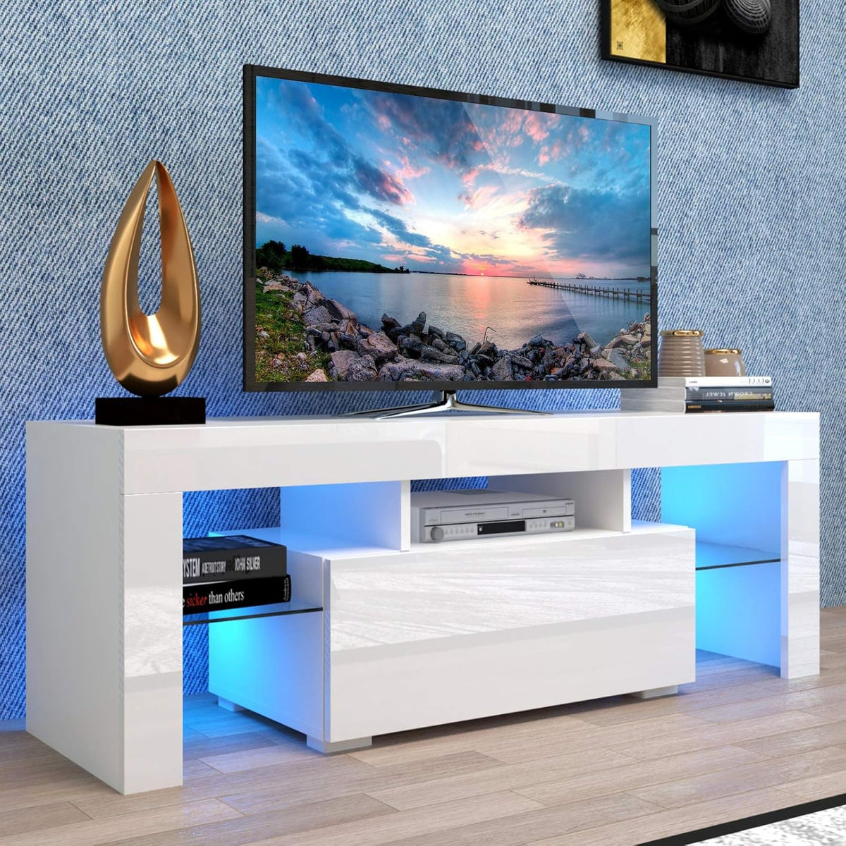 White Wall-Mounted TV Stand with LED Lights and 2 Storage Drawers G85136