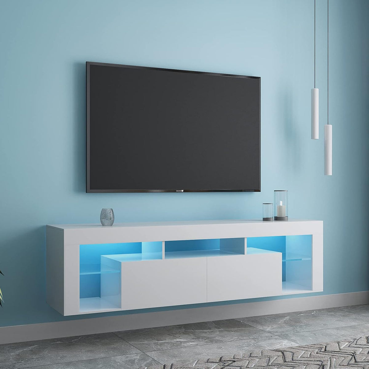 White Wall-Mounted TV Stand with LED Lights and 2 Storage Drawers G85136
