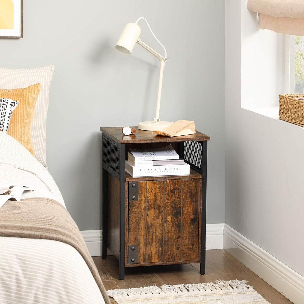 Rustic Brown and Black Nightstand with Open Shelf and Storage Cabinet X526