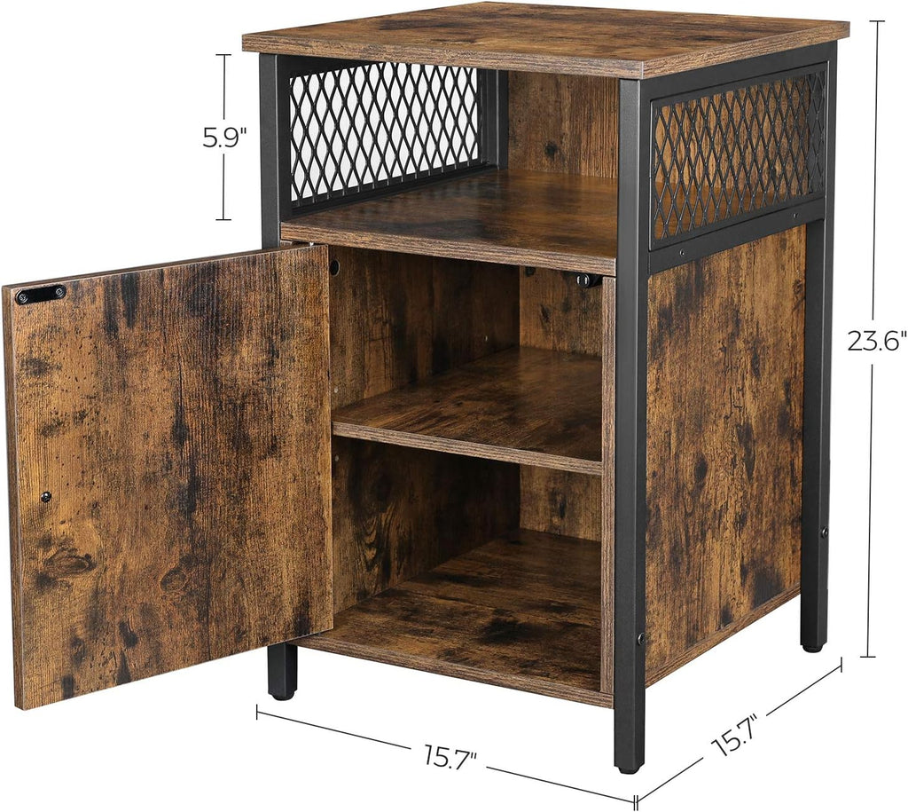 Rustic Brown and Black Nightstand with Open Shelf and Storage Cabinet X526