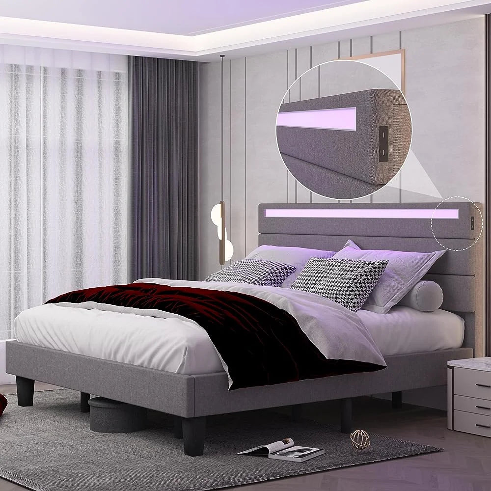 Queen Size Beige Upholstered Platform Bed Frame with Headboard H10363