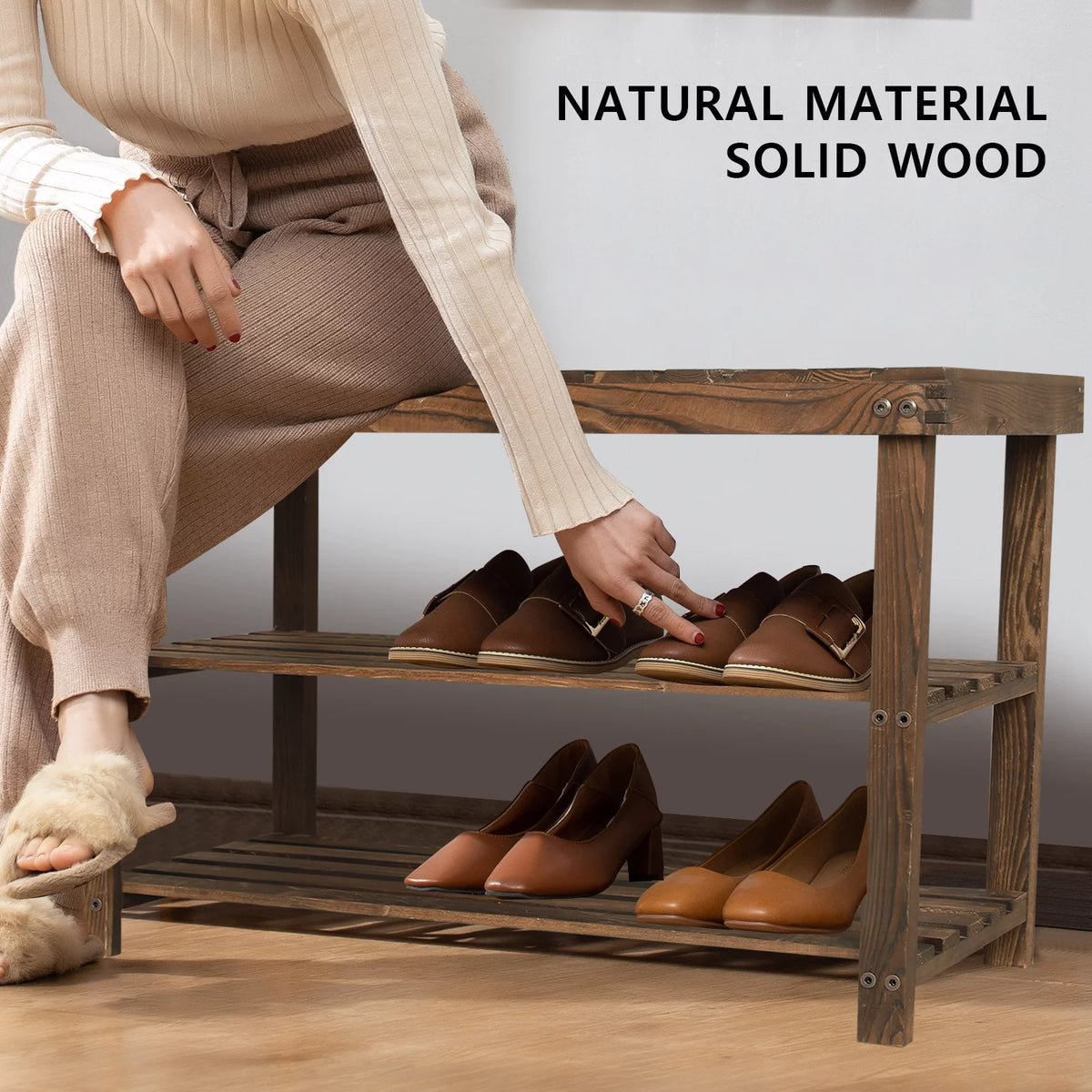 27.5" Solid Wood 3-Tier Shoe Bench K77656