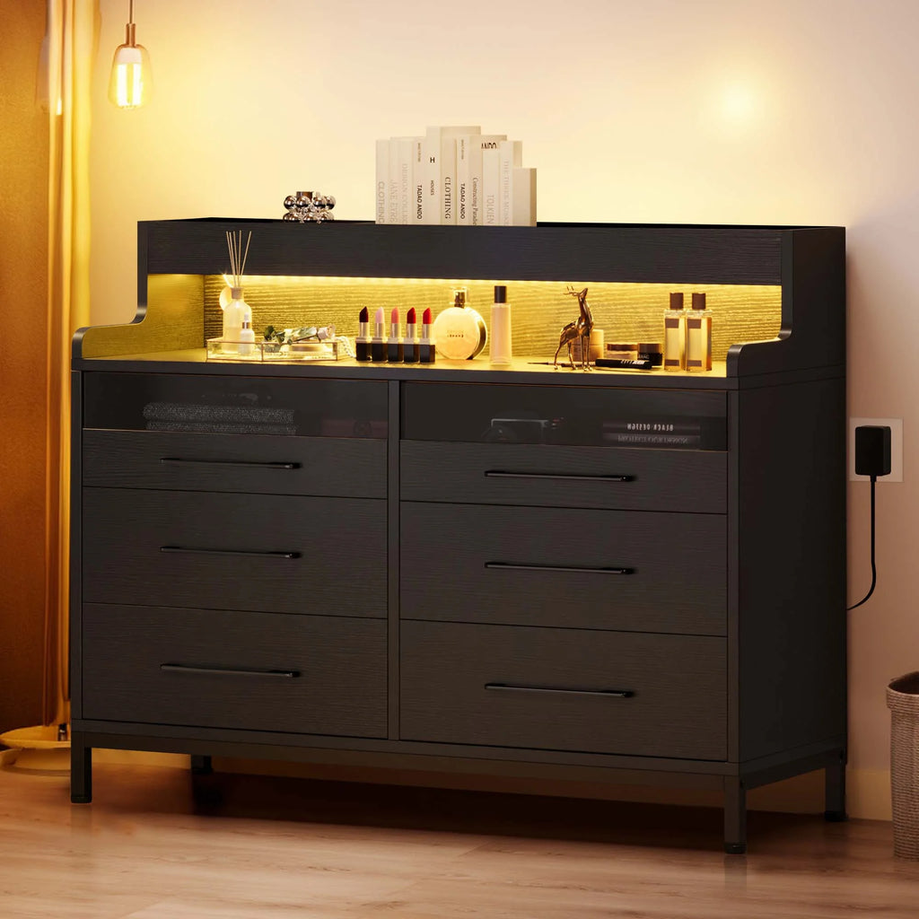 Black 6 Drawer Dresser with LED Light and Open Storage Q10272