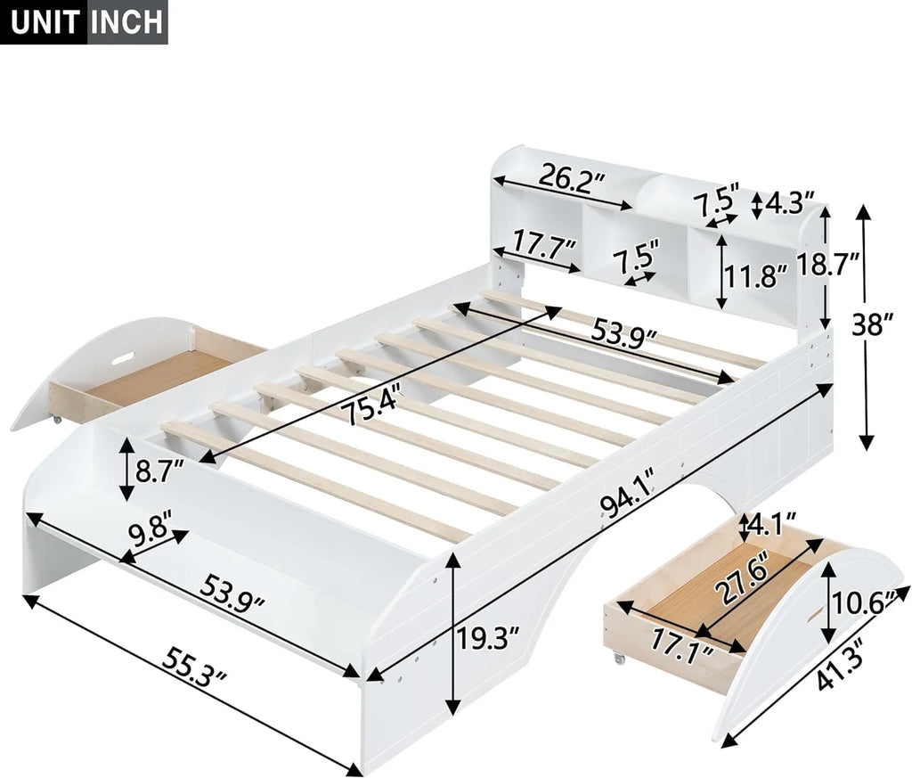 White Wood Full Size Platform Bed with Bookcase Headboard and 2 Drawers K899005