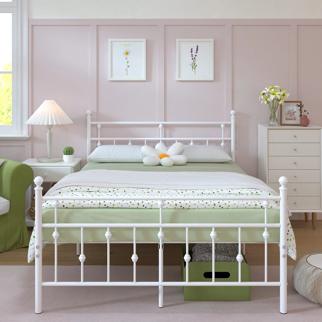 White Full Size Metal Platform Bed Frame with Headboard Footboard J4190