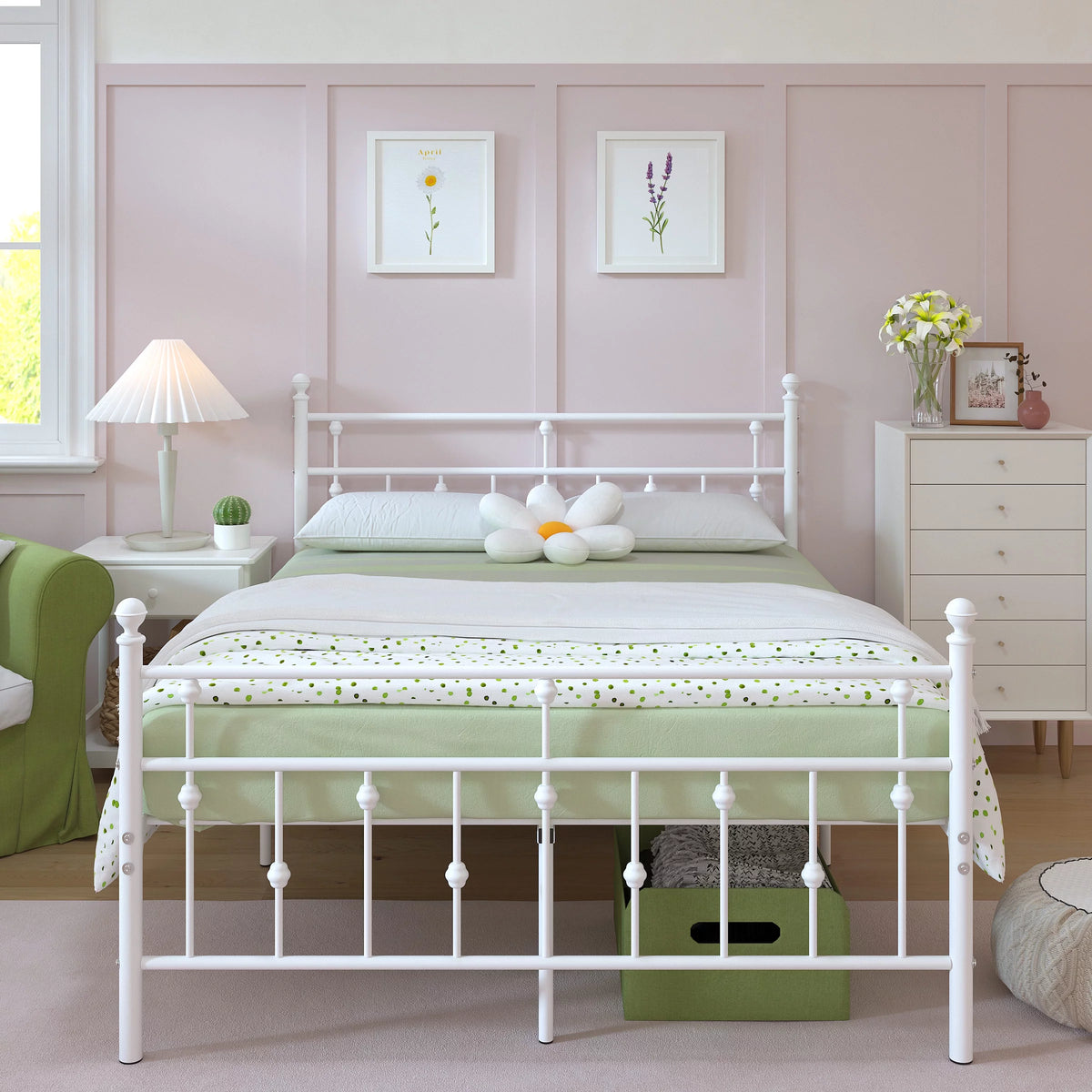 White Full Size Metal Platform Bed Frame with Headboard Footboard J4190