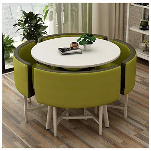 Army Green Round Table and Chair Set with 4 Leather Chairs W52751