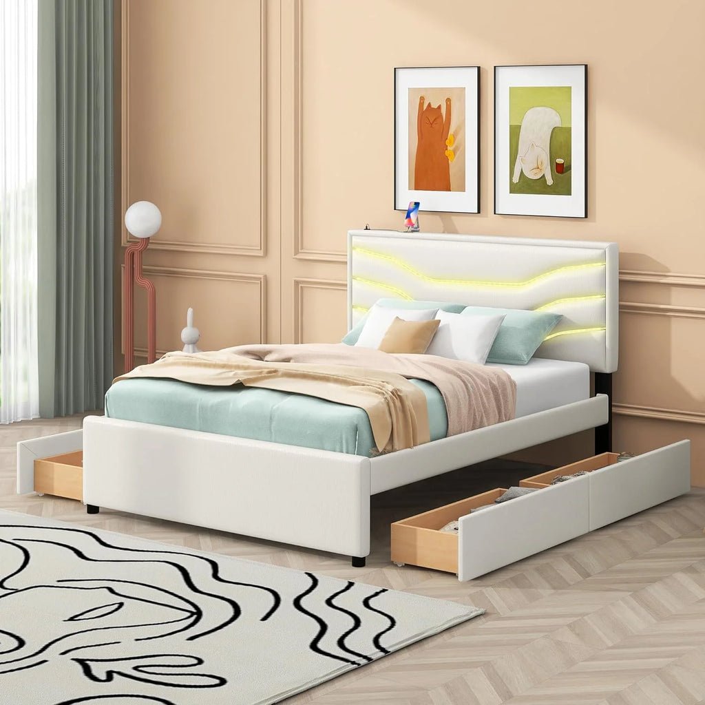 White Queen Upholstered Platform Bed Frame with Storage Drawers J38362