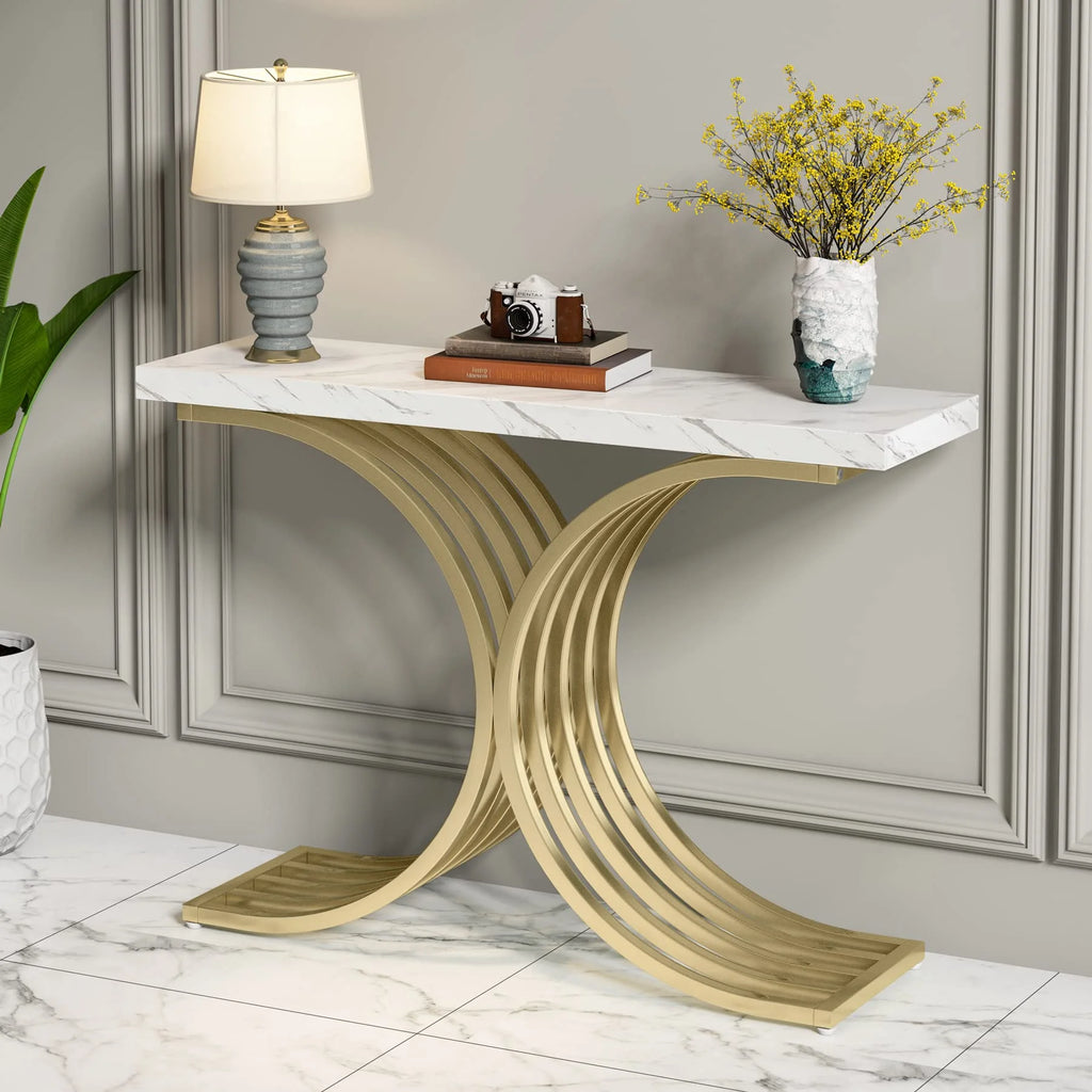Gold and White Narrow Console Table with Faux Marble Top P3536