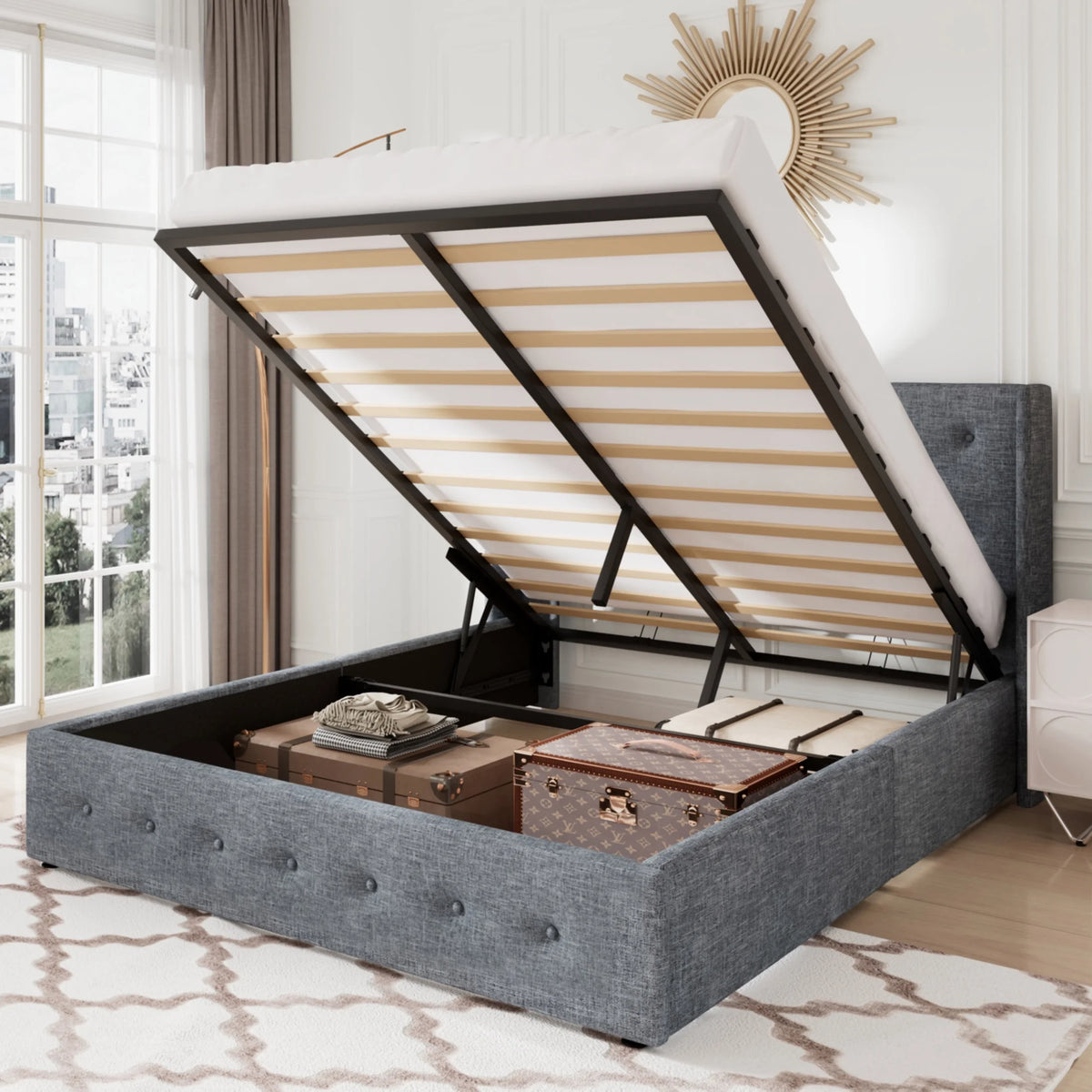 Queen Size Lift Up Storage Bed Frame with Wingback Headboard F4989