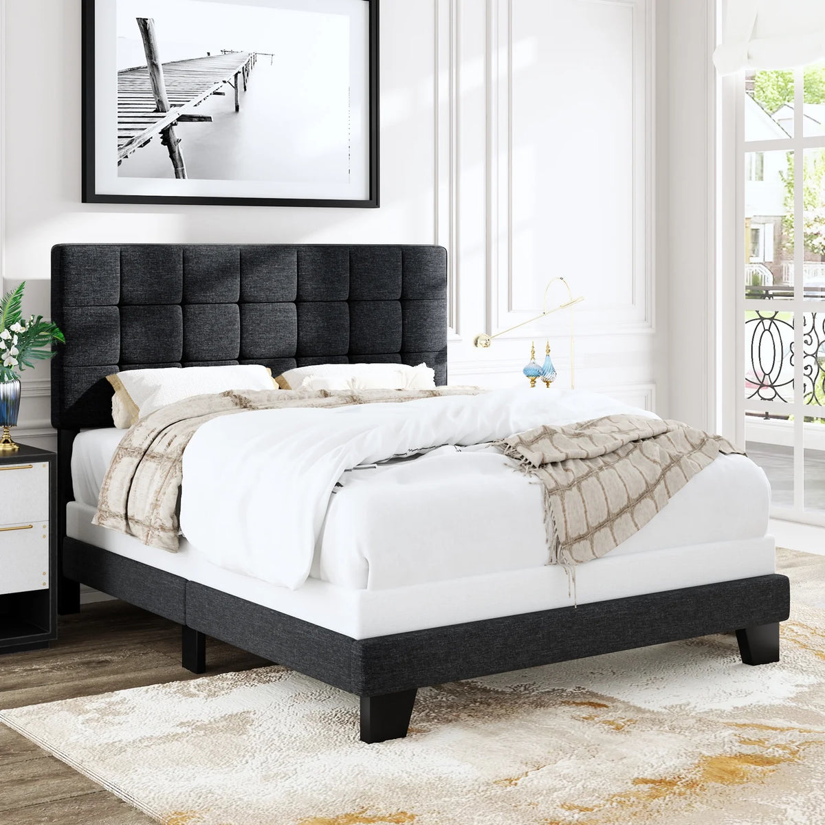 Queen Size Grey Upholstered Panel Platform Bed Frame K68590