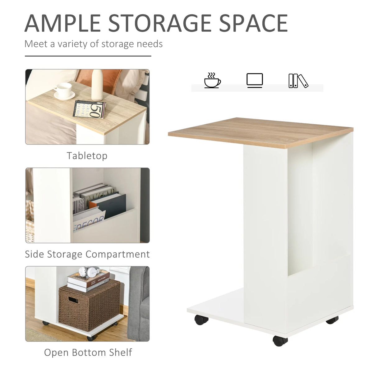 C-Shaped Sofa Side Table with Storage and Wheels N173