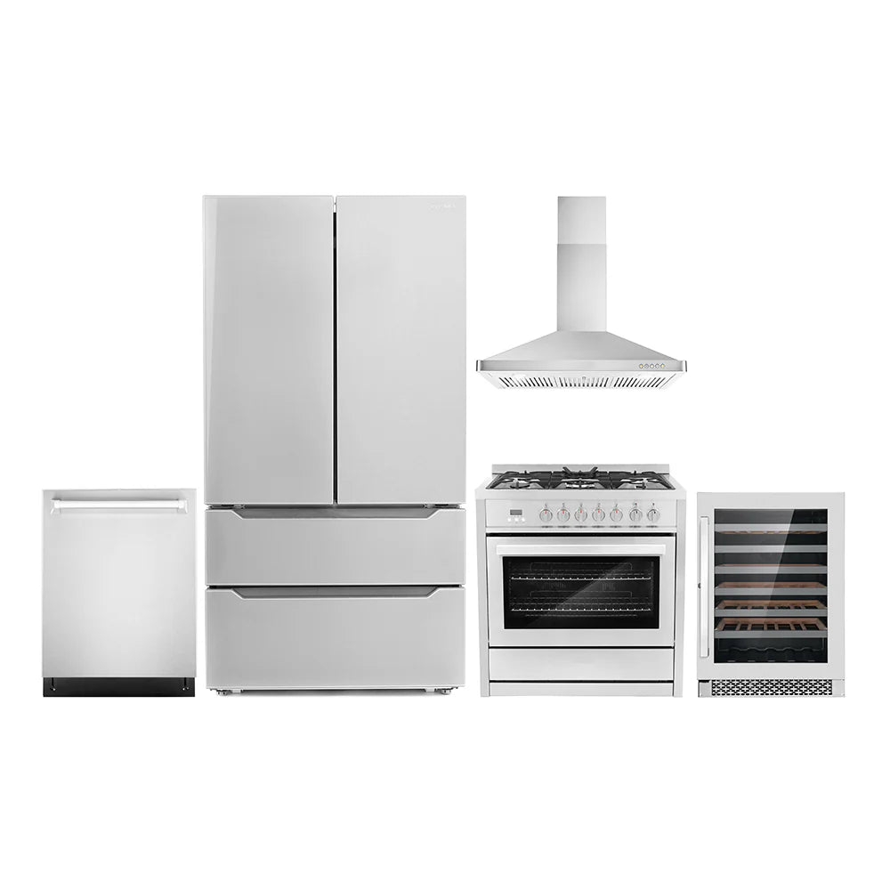 36 Dual Fuel Range, Wall Mount Range Hood, Dishwasher, Refrigerator with Ice Maker and Wine Cooler Y549