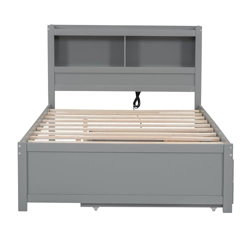 White Full Size Wood Storage Bed with Bookcase Headboard and Trundle Z1507