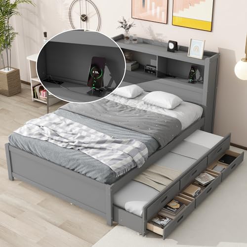White Full Size Wood Storage Bed with Bookcase Headboard and Trundle Z1507