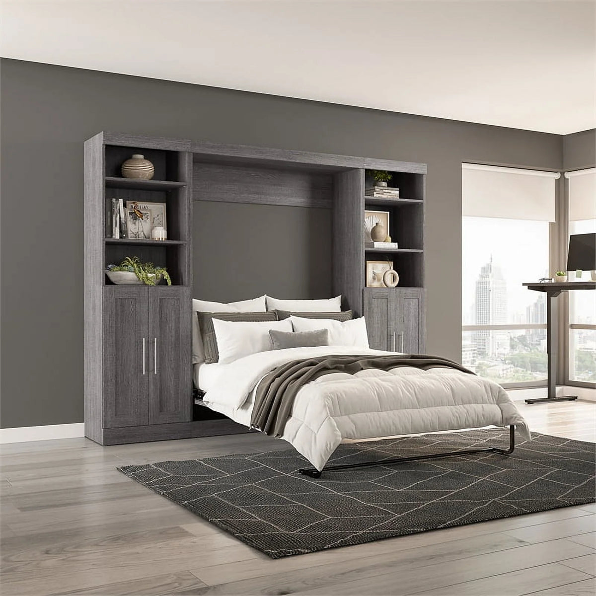 Bark Gray Full Murphy Bed with Closet Storage J9146