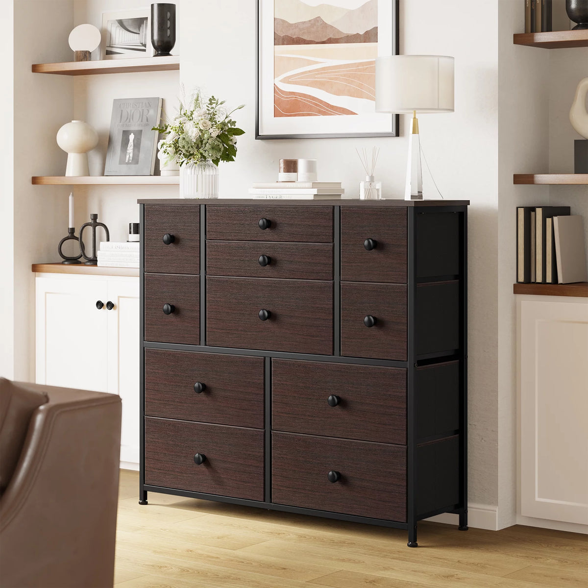 11 Fabric Drawers Dresser Chest of Drawers Faux Leather Rustic Brown Wood Top D687