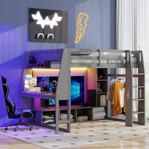 Twin Solid Wood Loft Bed with Desk and Storage H990