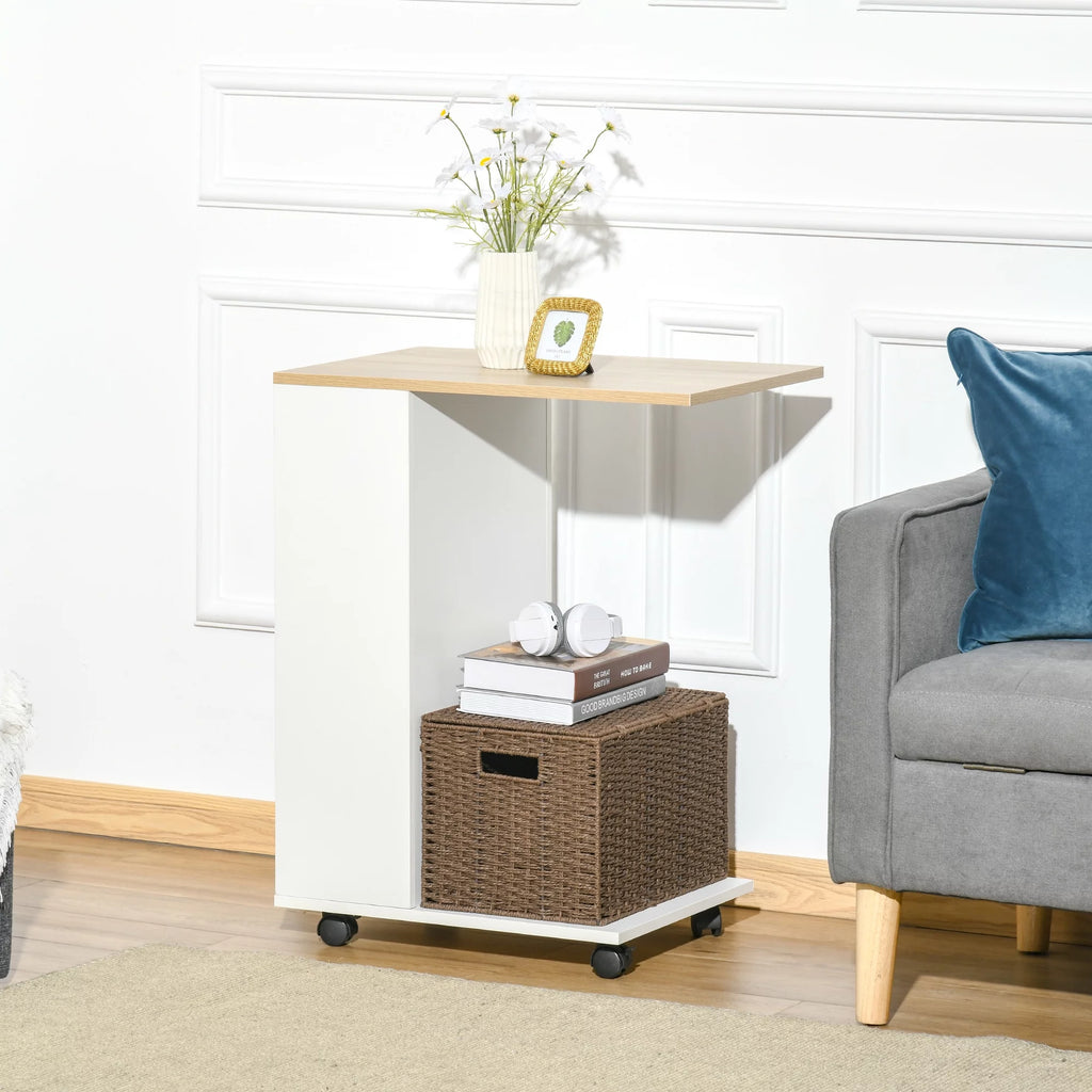 C-Shaped Sofa Side Table with Storage and Wheels N173