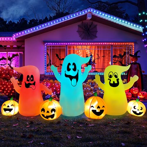 8 Ft Halloween Inflatable Three Ghosts with Pumpkin LED Light Up X46746