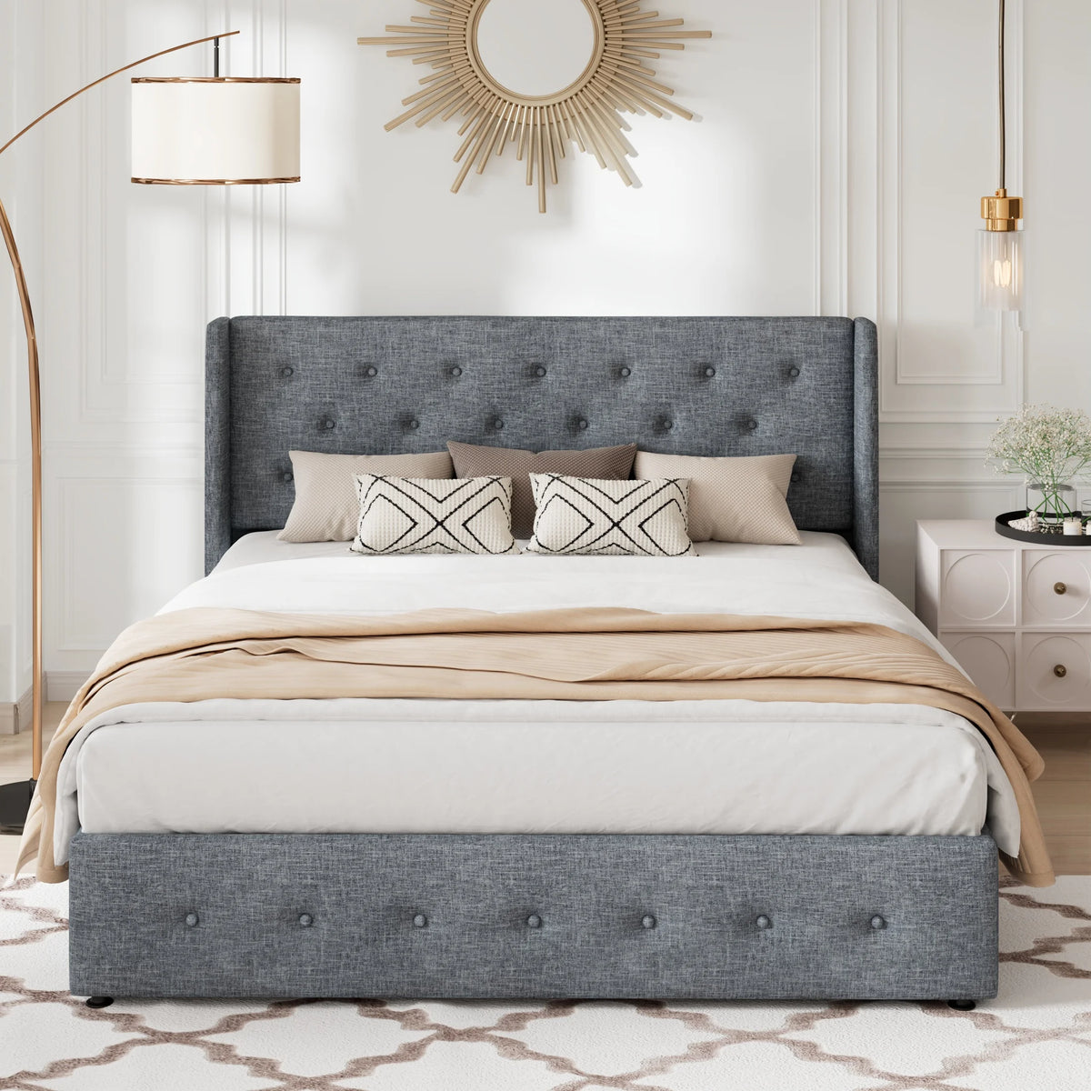 Queen Size Lift Up Storage Bed Frame with Wingback Headboard F4989