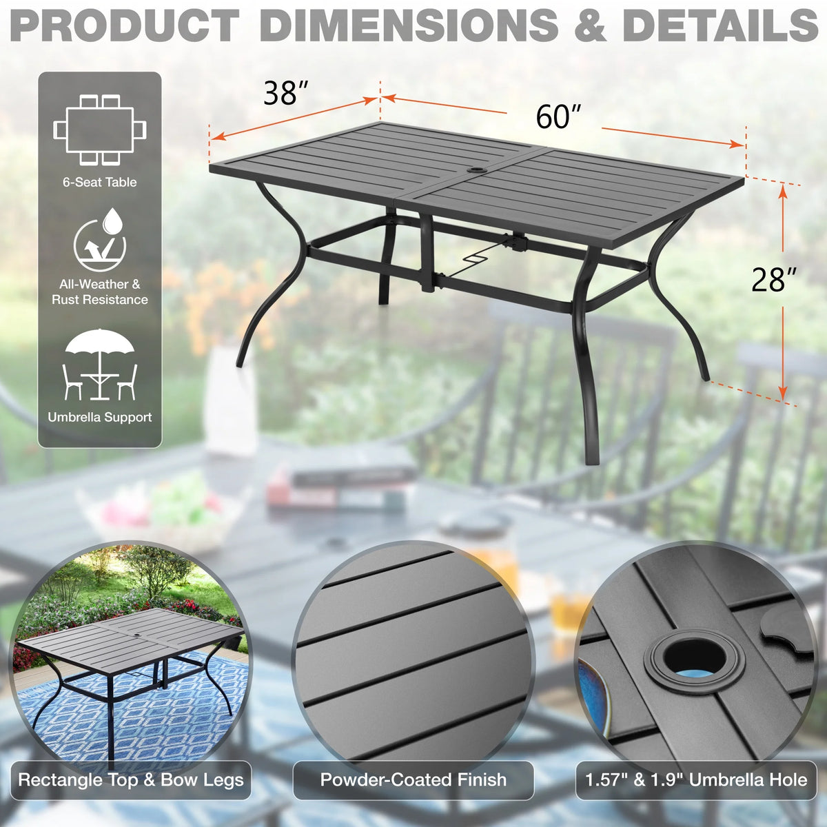 7-Piece Black Steel Patio Dining Set with 6 Armchairs and Table R1790